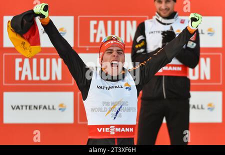 Johannes Rydzek Weltmeister Jubel bei Siegerehrung FIS NORDISCHE SKI-WELTMEISTERSCHAFT 2015 in Falun, Schweden am 20.02.2015 Stockfoto