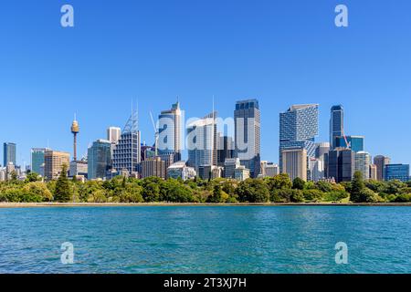 Blick auf die Stadt über den Royal Botanic Garden Sydney und das ruhige Wasser von Farm Cove, Sydney, NSW, Australien Stockfoto