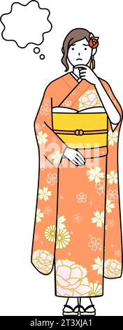 Hatsumode bei Neujahrs- und Coming-of-Age-Zeremonien, Abschlusszeremonien, Hochzeiten usw., Frau in Furisode denkt, während sie ihr Gesicht kratzt, Vect Stock Vektor