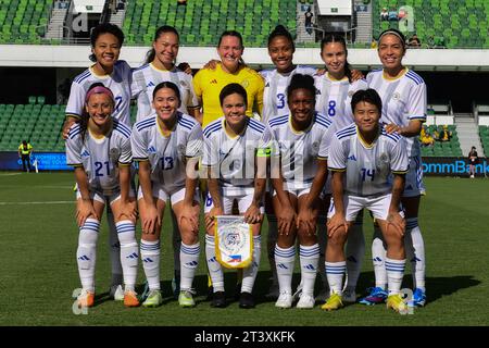 Perth, Australien. Oktober 2023. Die philippinische Frauenfußballmannschaft wird 2024 im Perth Rectangular Stadium beim Spiel der AFC Women's Soccer Olympic Qualifying Round 2 Group, Einem Spiel zwischen den Philippinen und Chinesisch Taipei, gesehen. Endpunktzahl Philippinen 4:1 Chinesisch Taipeh. (Foto: Luis Veniegra/SOPA Images/SIPA USA) Credit: SIPA USA/Alamy Live News Stockfoto