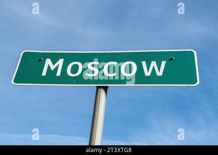 Moskauer Schild in Moskau, TX. Stockfoto