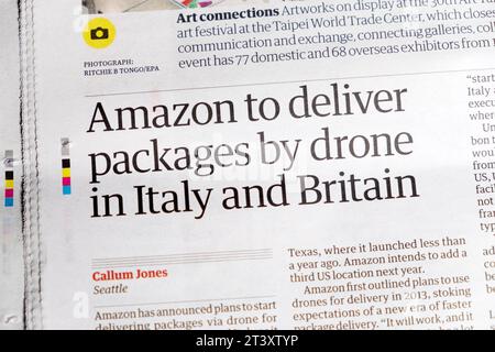 „Amazon liefert Pakete per Drohne in Italien und Großbritannien“ Guardian-Zeitung Schlagzeile kommerzielle Lieferungen 19. Oktober 2023 London England Großbritannien Stockfoto