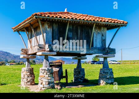 An hórreo ist ein typischer Speicher aus dem Nordwesten Spaniens, der aus Holz und Stein gebaut wurde, von Säulen aus dem Boden angehoben wurde und in flachen Stattelsteinen endet Stockfoto