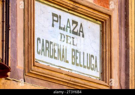 Marmorstein Schild mit der Aufschrift Cardinal Belluga Square (Spanisch: Plaza del Cardenal Belluga). Der kurze Text enthält Buchstaben in schwarzer Farbe. Stockfoto