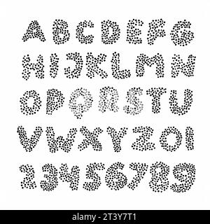 Schwarzes englisches Alphabet abc lateinische Schriftart A bis Z und Ziffern 0 bis 9, bestehend aus Punkten. Vektor-Illustration in Doodle Hand geschrieben Stil isoliert auf wh Stock Vektor