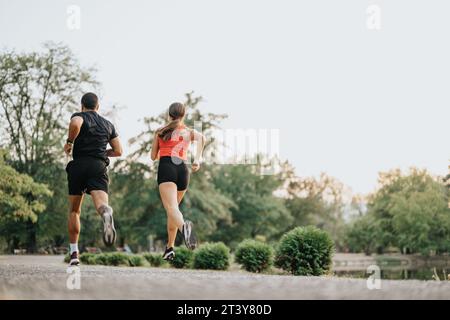 Cardio am Abend im Naturpark mit Paaren und Freunden Stockfoto