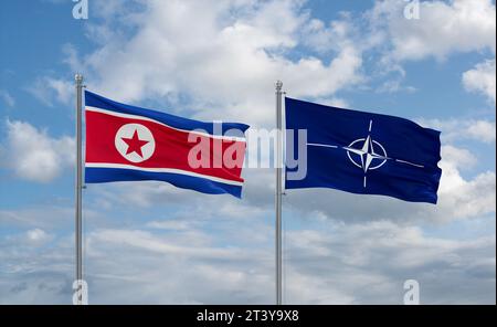 NATO- und Nordkorea-Flaggen schwenken zusammen auf blauem bewölktem Himmel, Kooperationskonzept Stockfoto