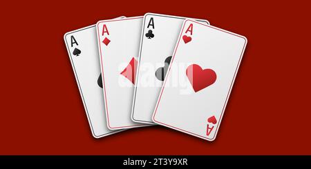Fans von Karten mit Handspielen. Roter Spieltisch. Vier Asse mit dem Anzug aus Herzen, Schlägern, Diamanten und Pik. Vetor-Abbildung. Poker oder Casino Conce Stock Vektor