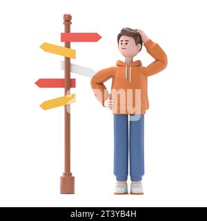 3D-Illustration eines männlichen Guy Qadir, der an einer Kreuzung steht und Richtungspfeile sieht. 3D-Rendering auf weißem Hintergrund. Stockfoto