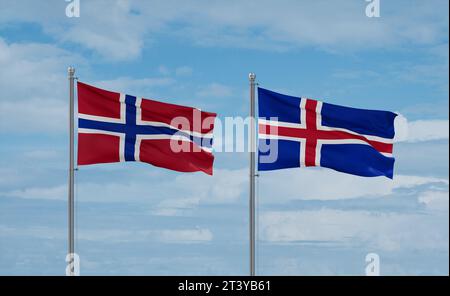 Island- und Norwegen-Flaggen, die zusammen im Wind auf blauem bewölktem Himmel winken, zwei Länder-Beziehungskonzept Stockfoto