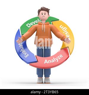 3D-Illustration eines männlichen Guy Qadir mit einem Managementzyklusdiagramm.3D-Rendering auf weißem Hintergrund. Stockfoto