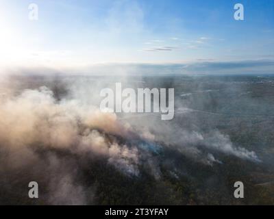 Aus der Vogelperspektive des Rauchs von Waldbränden auf den Feldern bei Dürre und heißem Wetter. Luftverschmutzungsproblem. Fahrlässigkeit von Menschen verursacht Feuer Stockfoto