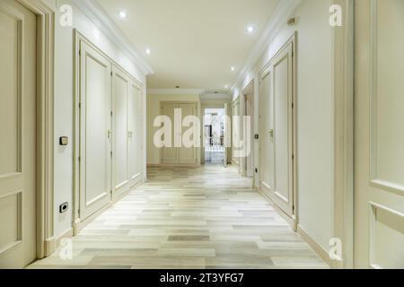 Großes Ankleidezimmer mit Zugang zu einem Schlafzimmer mit Kamin und vielen Einbauschränken Stockfoto