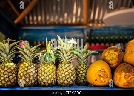 Reihe der Reifen Ananas mit Stroh und Regenschirm und Kokosnüssen. Pina Colada Cocktail in einem Obstladen. Genießen Sie den Sommerurlaub am Strand Stockfoto