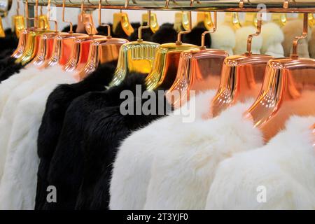 STADT TANGSHAN - 16. NOVEMBER: Die feine Pelzkleidung auf Kleiderbügeln in einem Geschäft, am 16. november 2013, Stadt tangshan, Provinz hebei, China. Stockfoto