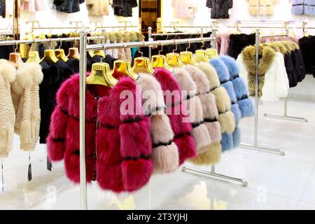 STADT TANGSHAN - 16. NOVEMBER: Die feine Pelzkleidung auf Kleiderbügeln in einem Geschäft, am 16. november 2013, Stadt tangshan, Provinz hebei, China. Stockfoto