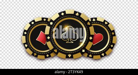 Drei spielende Chips oder Token. Spielmünze mit Anzug-Clubs. Realistischer Spielchip mit dem Anzug von Clubs in der Mitte, Spielmarken. Banner für Stock Vektor