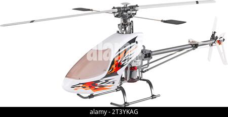 Nahaufnahme eines ferngesteuerten Hubschraubers, isoliert auf weißem Hintergrund, Hubschrauber isoliert. Stockfoto