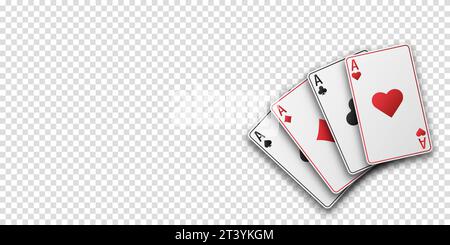Fans von Karten mit Handspielen. Vier Asse mit dem Anzug aus Herzen, Schlägern, Diamanten und Pik. Vetor-Abbildung. Poker- oder Casino-Konzept. Transparentes bac Stock Vektor