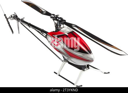 Nahaufnahme eines ferngesteuerten Hubschraubers, isoliert auf weißem Hintergrund, Hubschrauber isoliert. Stockfoto