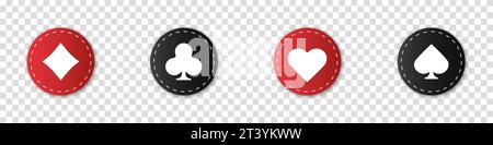 Sammlung Glücksspiel Zeichen Symbol für Kartenspiele Anzüge und Chips für Poker und Casino. Vektor-Anzug-Deck mit Spielkarten auf einem isolierten transparenten Ba Stock Vektor