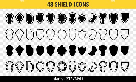 Schildsymbole gesetzt. Schilder mit Sicherheitssymbolen. Vektordarstellung mit verschiedenen Symbolsammlungen für Abschirmungen. Polizeimarke. Einziehung von Wertpapieren Stock Vektor