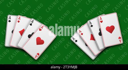 Asse mit dem Anzug aus Herzen, Schlägern, Diamanten und Pik. Ein Fan von Karten mit zwei Händen. Vetor-Abbildung. Casino-Konzept. Schwarzer Spieltisch. Stock Vektor