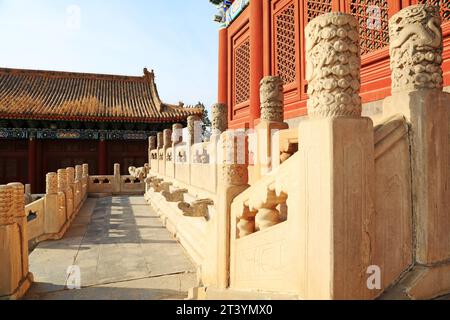 PEKING - 22. DEZEMBER: Die traditionelle chinesische Landschaftsarchitektur im Kaiserlichen Ahnentempel, 22. Dezember 2013, Peking, China. Stockfoto