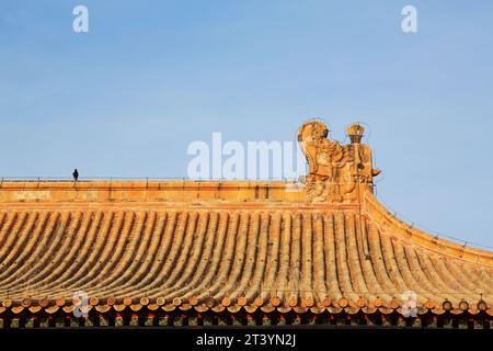 Dach im traditionellen chinesischen Architekturstil im Kaiserlichen Ahnentempel, 22. Dezember 2013, Peking, China. Stockfoto