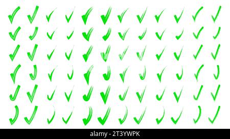 Von Hand gezogene Auswahlmarken Set-Kollektion mit Pinsel. Sammlung von Handwurzelkreuzmarken. Grüner Zeichenstift Skizzen isoliert auf weißem Hintergrund Stock Vektor