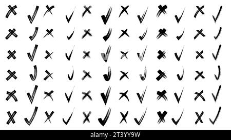 Ja und nein Pinsel Hand gezeichnete Kritzelchen Häkchen und Kreuze Set Kollektion. Mit Bleistift handgezeichnete Häkchen und kleine Kreuze. Scribble, Stiftskizzen. Ve Stock Vektor