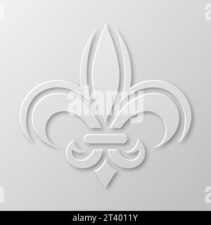 Vector Realistic Paper 3D Fleur De Lis Nahaufnahme auf weißem Hintergrund. Heraldisches Lily-Zeichen, Vektorbild Stock Vektor