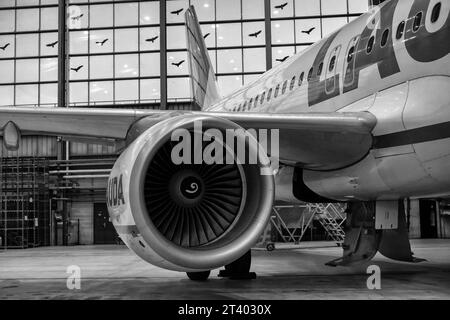 Flugzeugwartung im Hangar. Flugzeugmotor. Schwarzweißfoto. Stockfoto