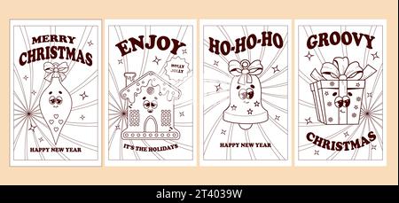 Groovige Weihnachtsplakate. Retro-Zeichentrickfiguren Lebkuchenhaus, Baumspielzeug und Geschenk. Vibes 70s. Frohe Weihnachten und frohes neues Jahr. Grußkarte Stock Vektor