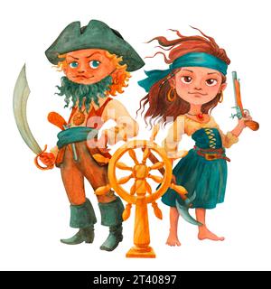 Barfuß, kleines Piratenmädchen und Piratenjunge am Steuer. Isolierte Aquarellillustration. Aquarellabbildung für die Gestaltung von Karten, Poster, T-Shirt Stockfoto