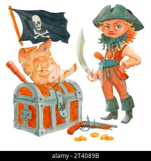 Pirat Boy Cartoon Figur in Piratenobjektkomposition. Enthält Truhe, Spyglass, alte Schatzkarte, Waffe, wenige Münzen. Isoliertes Clipart mit Wasserfarben Stockfoto