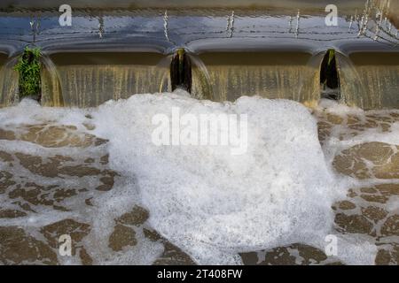 Taplow, Großbritannien. Oktober 2023. Heute gab es eine große Menge weißen Schaum auf dem Jubilee River in Taplow, Buckinghamshire. Der Jubilee River ist ein von Menschenhand geschaffenes Hochwasserschutzsystem, das von der Umweltbehörde verwaltet wird und bei starkem Regen überschüssiges Wasser aufnimmt und so dazu beiträgt, Windsor, Maidenhead und Dorney vor Überschwemmungen zu schützen. Pflanzenschutt, brauner Schlamm und Entengras haben sich hinter dem gelben Bummel am Wehr zurückgebildet, aber im eigentlichen Wehr am Jubliee River und danach gab es viel mehr weißen Schaum als sonst auf der Oberfläche des Flusses heute. Es ist möglich, dass dies der Fall ist Stockfoto