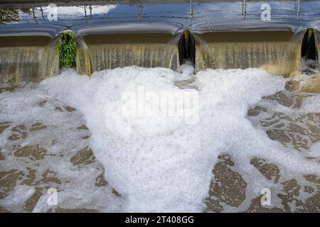 Taplow, Großbritannien. Oktober 2023. Heute gab es eine große Menge weißen Schaum auf dem Jubilee River in Taplow, Buckinghamshire. Der Jubilee River ist ein von Menschenhand geschaffenes Hochwasserschutzsystem, das von der Umweltbehörde verwaltet wird und bei starkem Regen überschüssiges Wasser aufnimmt und so dazu beiträgt, Windsor, Maidenhead und Dorney vor Überschwemmungen zu schützen. Pflanzenschutt, brauner Schlamm und Entengras haben sich hinter dem gelben Bummel am Wehr zurückgebildet, aber im eigentlichen Wehr am Jubliee River und danach gab es viel mehr weißen Schaum als sonst auf der Oberfläche des Flusses heute. Es ist möglich, dass dies der Fall ist Stockfoto