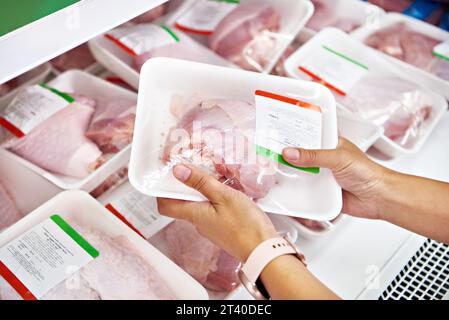 Menschliche Hände mit truthahn-Drumstick im Laden Stockfoto