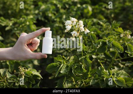 Probleme und Lösung der Gartensaison. Zugeschnittene Fotohand des Bauern hält weiße Flasche mit Modell für Gift, Pestizidflüssigkeit von Pflanzenkrankheiten und Stockfoto