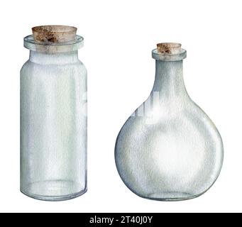 Set aus Glasgefäß, Vase mit Holzstopfen, Deckel. Aquarell Hand gezeichnetes Clipart isoliert auf weißem Hintergrund. Set von Bechergläsern für biologische und medizinische Zwecke Stockfoto