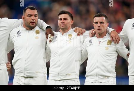 Von links nach rechts, Englands Ellis Genge, Ben Youngs und George Ford vor dem Finale der Rugby-Weltmeisterschaft 2023 in Paris, Frankreich. Bilddatum: Freitag, 27. Oktober 2023. Stockfoto