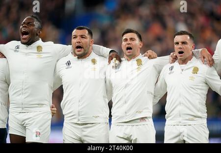 Von links nach rechts, Englands Maro Itoje, Ellis Genge, Ben Youngs und George Ford vor dem Finale der Rugby-Weltmeisterschaft 2023 im Stade de France in Paris, Frankreich. Bilddatum: Freitag, 27. Oktober 2023. Stockfoto