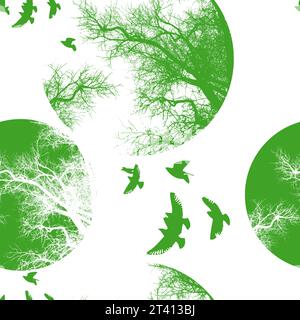 Nahtloses Muster von Bäumen und Vögeln. Vektorabbildung. Handzeichnung. Nicht KI, Illustrat3 Stock Vektor