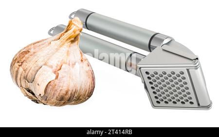 Knoblauch-Mahlkorb mit Knoblauch. 3D-Rendering isoliert auf weißem Hintergrund Stockfoto