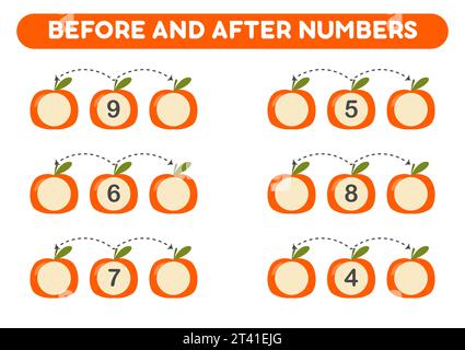Mathe-Spiel für Kinder. Vorher- und Nachher-Nummern. Druckbare Arbeitsblätter. Stock Vektor