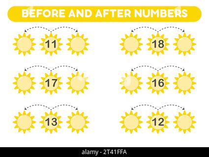 Mathe-Spiel für Kinder. Vorher- und Nachher-Nummern. Druckbare Arbeitsblätter. Stock Vektor