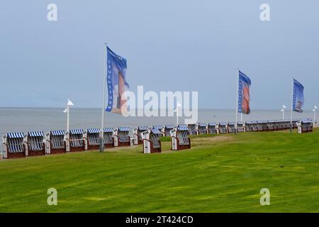 Liegestühle in einer Reihe am grünen Strand, Norderney, Nordsee, Ostfriesland, Niedersachsen, Deutschland Stockfoto