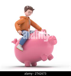 3D-Illustration eines männlichen Guy Qadir, der Schweinebank reitet, 3D-Rendering auf weißem Hintergrund. Stockfoto