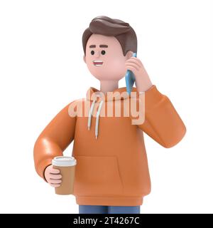 3D-Illustration des männlichen Guy Qadir hält Kaffee und sprechendes Smartphone. 3D-Rendering auf weißem Hintergrund. Stockfoto